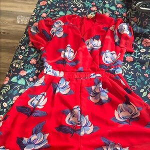 Floral Red Dress with Blue and White Accents